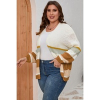 Beige Plus Size Striped Print Open Front Cardigan - 1X thumbnail