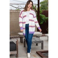 Beige Plus Size Striped Dropped Shoulder Sweater Cardigan - 3X thumbnail