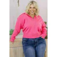 Rose Solid Ribbed Trim Plus Size Zip Collar Sweater - 2X thumbnail