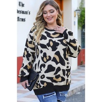 Leopard Ribbed Trim Pocketed Plus Size Sweater - 3X thumbnail