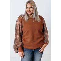 Brown Plus Size Printed Splicing Sleeve Ribbed Trim Sweater - 1X thumbnail
