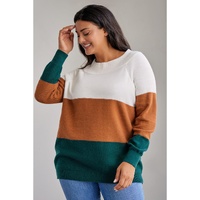 Brown Plus Size Ribbed Trim Color Block Sweater - 1X thumbnail
