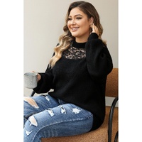Black Plus Size Ribbed Knit Lace Splicing High Neck Sweater - 2X thumbnail