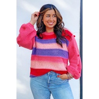 Pink Plus Size Striped Knit Pompom Puff Sleeve Sweater - 1X thumbnail