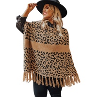 Leopard Plus Size Tasseled Hem Draped Poncho - One Size thumbnail