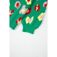 Green Plus Size Floral Knitted Ribbed Edge Drop Shoulder Sweater - 3X thumbnail