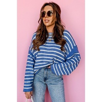 Sky Blue Stripe Drop Shoulder O Neck Plus Size Sweater - 3X thumbnail