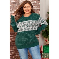 Green Christmas Snowflake Pattern Drop Shoulder Plus Size Sweater - 4X thumbnail