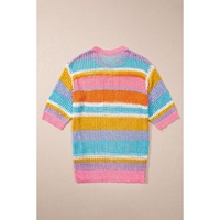 Pink Stripe Plus Size Open Knit Patch Pocket Short Sleeve Sweater - 3X thumbnail