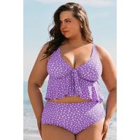 Purple Plus Size Polka Dot Print Ruffled Knotted V Neck Tankini Set - 1X thumbnail