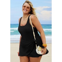 Black Solid Color Square Neck Knotted Plus Size One Piece Swimsuit - 1X thumbnail