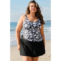 Black Plus Size Printed Square Neck Drawstring Ruffled Tankini Set - 3X thumbnail
