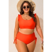 Orange Ruffled Trim Knotted High Waist Plus Size Bikini Set - 1X thumbnail
