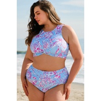 Sky Blue Plus Size Floral Print Twisted High Waist Bikini Set - 1X thumbnail