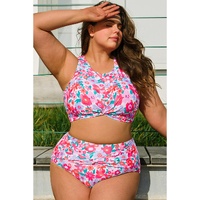 Rose Plus Size Floral Print Twisted High Waist Bikini Set - 1X thumbnail