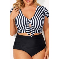 Black Stripe Plus Size Knot Cutout Ruffle Sleeve and High Waisted 2pcs Swimsuit - 3X thumbnail