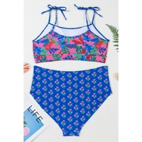 Blue Fashion Print Tied Straps Crop Vest and High Waist Plus Size Bikini - 2X thumbnail