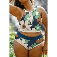 Green Floral Printed Zipped Plus Size Two Pieces Bikini - 2X thumbnail