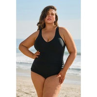 Black Solid Color U Neck Padded Plus Size One Piece Swimsuit - 3X thumbnail