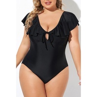 Black Ruffled Sleeve Lace-up V Neck Plus Size One Piece Swimsuit - 2X thumbnail