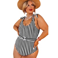 Black Stripe Plus Size Self Tie Straps O-Ring Waistband One Piece Swimsuit - 4X thumbnail