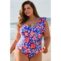 Blue Floral Print Ruffled V Neck High Waist One Piece Swimwear - 2X thumbnail