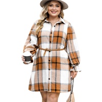 Khaki Plus Size Plaid Flounce Sleeve Button up Shirt Dress - 3X thumbnail
