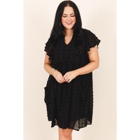 Black Dotty Textured Notched Neck Plus Ruffled Dress - 4X thumbnail