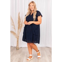 Navy Blue Dotty Textured Notched Neck Plus Ruffled Dress - 3X thumbnail