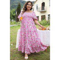Pink Plus Size Floral Print Smocked Puff Sleeve Dress - 1X thumbnail