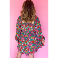 White Plus Size Floral Frilled Square Neck Shirred Long Sleeve Dress - 2X thumbnail