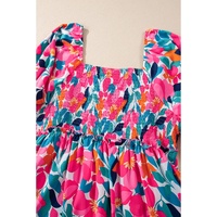 Rose Flower Print Smocked Square Neck Plus Size Dress - 1X thumbnail