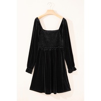 Black Velvet Flounce Sleeve Shirred Bodice Plus Babydoll Dress - 4X thumbnail
