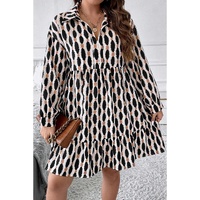Apricot Geometric Print Collared V Neck Plus Size Mini Dress - 2X thumbnail