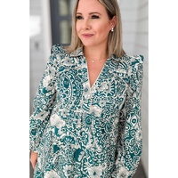 Green Floral Flounce Sleeve Split Neck Plus Size Dress - 2X thumbnail