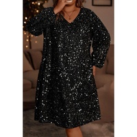 Color black Plus Size Bubble Sleeve V Neck Sequin Dress - 4X thumbnail