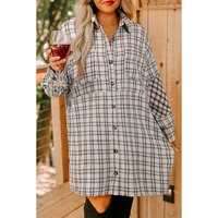 White Stripe Plus Size Plaid Buttoned Raw Hem Tunic Shirt Dress - 1X thumbnail