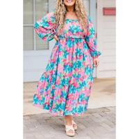 Sky Blue Floral Allover Print Shirred Square Neck Plus Size Maxi Dress - 1X thumbnail