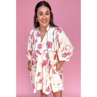 White Floral Print Lace up V Neck Balloon Sleeve Plus Size Shift Mini Dress - 1X thumbnail