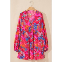 Rose Tropical Printed Lantern Sleeve V Neck Ruffled Plus Size Mini Dress - 4X thumbnail