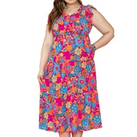 Red Floral Print Ruffled Sleeveless Plus Size Long Dress - 1X thumbnail