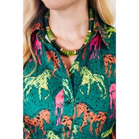 Green Horse Printed Long Sleeve Collared Buttoned Plus Size Midi Dress - 3X thumbnail