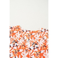 Orange Floral Print Split V Neck Bubble Sleeve Plus Size Midi Dress - 3X thumbnail