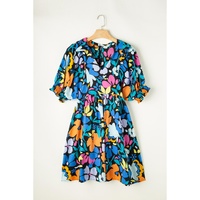 Blue Split Neck Collared Plus Floral Dress - 1X thumbnail