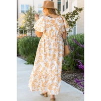 Apricot Floral Print Puff Short Sleeve Resort Plus Size Maxi Dress - 2X thumbnail