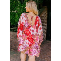Rose Mixed Floral Long Sleeve V Neck Lace-up Hollowed Back Plus Size Dress - 3X thumbnail