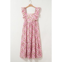 Pink Plus Size Ruffle Trim Square Neck High Waist Floral Maxi Dress - 1X thumbnail