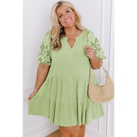 Laurel Green Floral Crochet Short Sleeve Notch V Neck Tiered Plus Size Mini Dress - 2X thumbnail