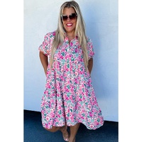 Pink Plus Size Floral Half Button Short Puff Sleeve A-line Dress - 4X thumbnail