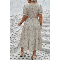 Beige Plus Size Leopard Print Frill Trim Short Sleeve Flared Dress - 3X thumbnail